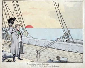 Napoleon ombord på HMS Bellerophon 1815 - litografi av Job (Jacques Onfroy de Breville) från "" Le Grand Napoleon des Petites Enfants""" 1893 av pseudonym for Onfray de Breville Jacques Job