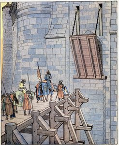 Öppna upp, det är Frankrikes förmögenhet! (eller "Öppen, det är Frankrikes olyckskonung!") Ord från Frankrikes kung Philip VI dit Philippe de Valois (1293-1350) anländer framför Levis-bron vid Chateau de Broye nära Crecy. Han skadades i Battl av pseudonym for Onfray de Breville Jacques Job