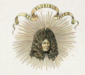 Porträtt av kung Ludvig XIV (1638-1715) med hans motto på latin "Nec pluribus impar"" (A ingen annan liknande). i "" Frankrike, hans historia berättad av G. Montorgueil, imagee av Job"" 1896. Privat samling. av pseudonym for Onfray de Breville Jacques Job