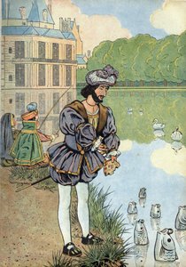 Scen av Frankrikes historia i leksaker: Frankrikes kung Francois I (1494-1547) ger bröd till fiskarna i Fontainebleaus park. I “” Joujoux a l