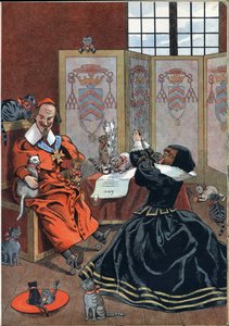 Scen av Frankrikes historia i leksaker: kvinna som ber om förlåtelse från kardinal Richelieu (1585-1642) omgiven av katter. I “” Joujoux a l