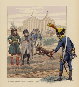 Hunden Moustache presenterad för Napoleon (färglitografi) av pseudonym for Onfray de Breville Jacques Job