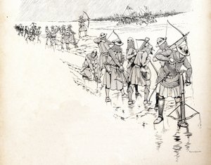 Regnet sätter bågskyttarna i armén av den franske kungen Philip VI dit Philippe de Valois (1293-1350) ur strid genom att blöta bågarnas rep under slaget vid Crecy 1346 i början av hundraåriga kriget. Illustration av Job (Jacques av pseudonym for Onfray de Breville Jacques Job