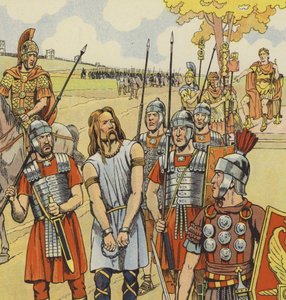 Vercingetorix kapitulerar till Julius Caesar, 52 f.Kr. (färg litho) av pseudonym for Onfray de Breville Jacques Job