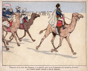Napoleon debarque sur la terre des Pharaohs - NAPOLEON I EGYPTEN - Under sitt egyptiska fälttåg åtföljs han av främlingar med vilka han besöker de arkeologiska platserna - litografi av Job