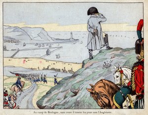 Angreppsprojekt av England av engelsk armé ledd av Napoleon från lägret Boulogne-sur-Mer i mars 1803 - litografi av Job