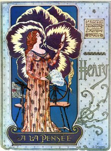 Art Nouveau: reklamaffisch för kosmetikabutiken "Henry a la Thought" i Paris. En ung kvinna beundrar sig själv i en spegel, bakom henne en tankeblomma. Illustration av L. Trianon av pseudonym of Trinquier Louis Trinquier Trianon