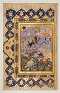 Jakt på vilda djur, ca 1540 (bläck, gouache och guld) av School Iranian