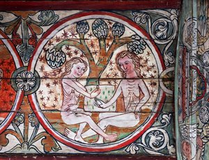 Adam och Eva i Edens lustgård, dekoration från Al Stavkirke, Norge (fresco)