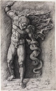 Faun attackerar en orm av school of Andrea Mantegna