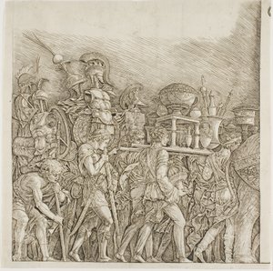 Triumf av Caesar: Soldater som bär troféer av school of Andrea Mantegna