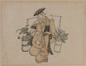 En skönhet som bär två hinkar med blommor av style of Torii Kiyomasu