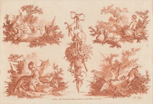 Två pastorala vinjetter, två jaktvinjetter och en trofé av the Elder and Jean Baptiste Hüet Gilles Demarteau