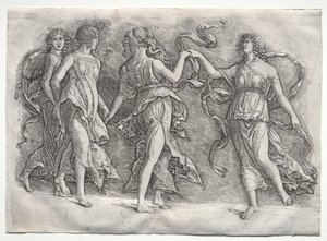 Fyra dansande muser, ca. 1497. av the so called Premier Engraver