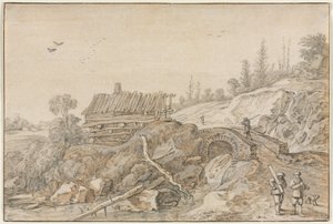 Kuperat landskap med koja bredvid en bäck, 1627. av van de Velde Esaias