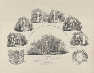 Allegori om kung William I:s dygder, 1831 William I:s förste konstitutionella kung av Holland, återställare av vår nationella frihet och oberoende (...) (titel på objektet) av van der Meulen