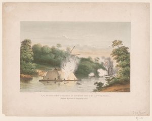 Z.M. Steamship Celebes i strid med en kotta-mara. Poeloe Kanamit, 6 augusti 1859 (titel på objekt) av weduwe Elias Spanier and Zn