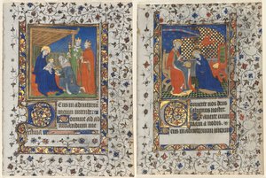 Bifolio från a Book of Hours: Adoration of the Magi och Coronation of the Virgin