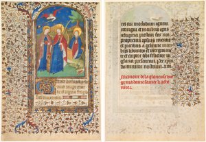 Blad från en timbok: Sts. Geneviève, Katarina av Alexandria och Margareta (recto) och text (verso)