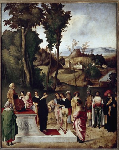 Moses barn utsatt för provet med eld och guld av farao. detalj (Olja på trä, ca 1502) av Giorgione