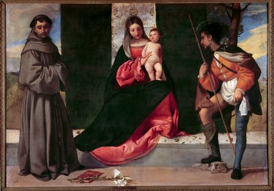 Jungfrun och barnet mellan Sankt Antonius av Padua och Sankt Roch Målning av Giorgio Barbarelli da Castelfranco dit Giorgione (1477-1510). 1500-talets sön. 0,92x1,33 m Madrid, Pradomuseet av Giorgione