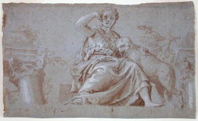 Saktmodighet (penna och brun tvätt och kroppsfärg på blått papper) av Veronese