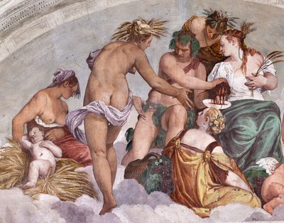 Allegorier om sommar och höst (Bacchus och Ceres), norra muren, lunett ovanför dörren till trädgården, Olympus hall av Veronese