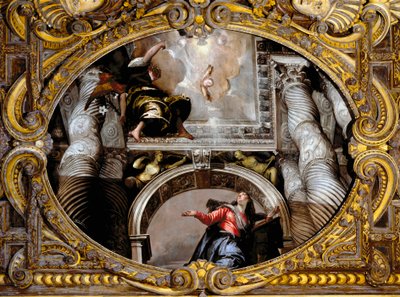 Tillkännagivande. Målning av Paolo Caliari kallad Paolo Veronese (1528-1588), efter 1568. Olja på duk. Mått: 340x455 cm. Venedig, SS-basilikan. Giovanni e Paolo (San Zanipolo), rosenkransens kapell. Venedig (Basilica of Saints Giovanni and Paolo (San Zanip av Veronese