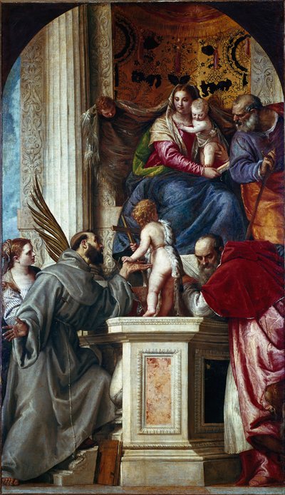 Den heliga familjen med heliga (helig konversation känd som Pala di San Zaccaria eller altartavla av St. Sakarias). Målning av Paolo Caliari Paolo Veronese (1528-1588) av Veronese