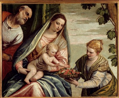 Den heliga familjen med en donator (Saint Dorothee) Målning av Paolo Veronese (1528-1588) 1500-talet sön. 0,76x0,94 m Bordeaux, Musee des Beaux Arts - Den heliga familjen med en donator (Saint-Dorothea). Målning av Veronese (Paolo Caliari) (1528-1588) av Veronese