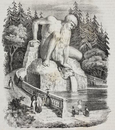 Colossus of Apennines (av Giambologna) i parken av Villa Demidoff (Villa Medicea of ​​Pratolino), Vaglia, Toscana, Italien, litografi av Giovanni Mariani från Poliorama Pittoresco, n 10, 15 oktober av Giambologna