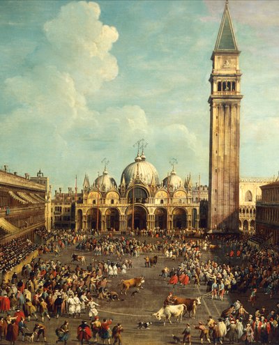 Tjurfäktning eller tjurjakt på Piazza San Marco, av Giovanni Antonio Canal, känd som Canaletto (1697-1768) och av Giovanni Battista Cimaroli (1687-efter 1753), olja på duk, 99x145 cm av Canaletto