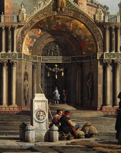 Detalj av Capriccio av en kyrka (olja på duk) av Canaletto