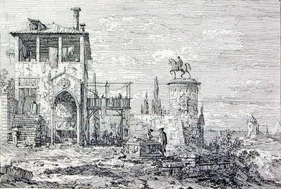 Landskap med ett ryttarmonument (gravyr) av Canaletto