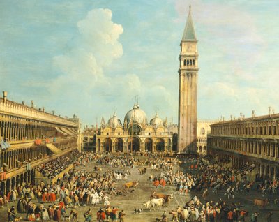 Tjurfäktning eller tjurjakt på Piazza San Marco, av Giovanni Antonio Canal (1697-1768) och av Giovanni Battista Cimaroli (1687-efter 1753), olja på duk, 99x145 cm av Canaletto