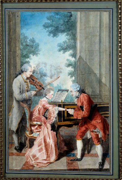 Mademoiselle Delou, Monsieur Philippe och Monsieur de Texier En gentleman hyllar en ung pianist. Akvarell av Louis Carrogis, dit Carmontelle (1717-1806) 1700-talets Paris, Musee Carnavalet - Mademoiselle Delou, Monsieur Philippe och Monsieur d av Carmontelle