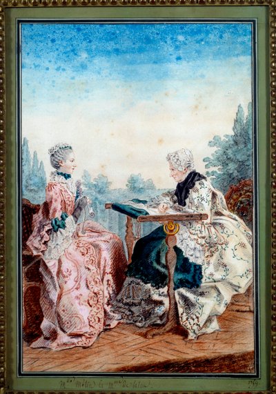 Mademoiselle Melin och Mademoiselle de Laleu gör akvarellväv av Louis carrogis dit Carmontelle (1717-1806) 1759. Paris, Musee Carnavalet av Carmontelle