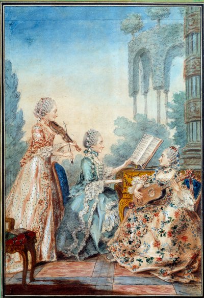 De tre döttrarna till kompositören Joseph Nicolas Pancrace Royer (1705-1755) framför partituret till baletten Zaide Aquarelle av Louis Carrogis Carmontelle (1717-1806) 1760 Paris, Musee Carnavalet av Carmontelle