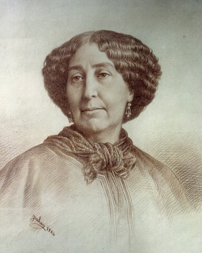 Porträtt av bokstävernas kvinna George Sand (1804-1876) Aurore Dupin, friherrinnan Dudevant Teckning av Rene Jouhan (1835-?) från ett fotografi av Nadar av Nadar