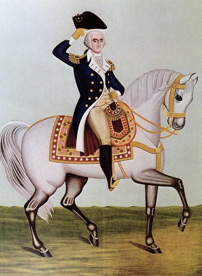 George Washington till häst (färg litho) av (after) American School