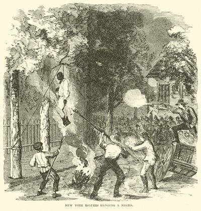 New York-upprorsmakare som hänger en svart person, juli 1863 (gravyr) av (after) American School