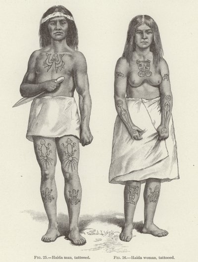 Tatuerad Haida kvinna och man (gravyr) av (after) American School