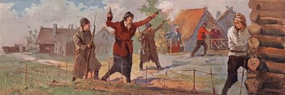En sovjetisk agronomi-instruktør, der annoncerer sin ankomst til en landsby ved at affyre sin revolver i luften (farve litho) swed av (after) Carrey