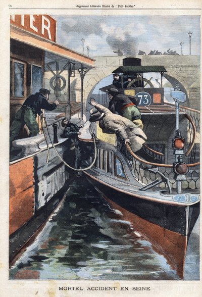 Dödsolycka på Seine: en anställd på företaget des Bateaux Parisiens dör kraschade mellan två båtar nära Charenton-bron. Gravyr i "" Le Petit Parisien"" den 17/02/1901. av (after) Carrey