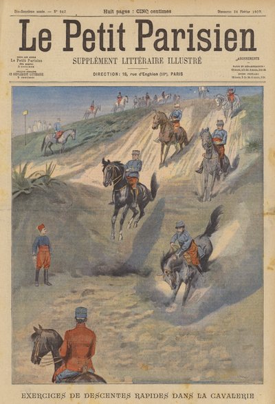 Franskt kavalleri övar snabba branta nedförsbackar på hästryggen (färg litho) av (after) Carrey