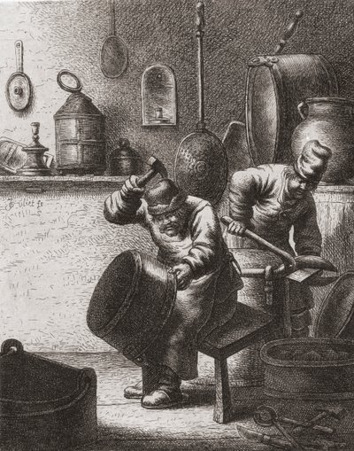 Kopparsmeder i arbete på 1600-talet (tryck) av (after) Dutch School