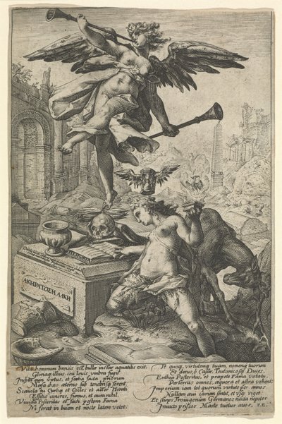 Berömmelse och historia, efter 1586 (gravyr på lagt papper) av (after) Dutch School
