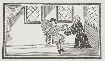 En representation av den förrädiska munken som förblöder honom till döds, illustration från "Chap-books of the artonde århundradet" av John Ashton, pub. 1882 (lito) av (after) English School