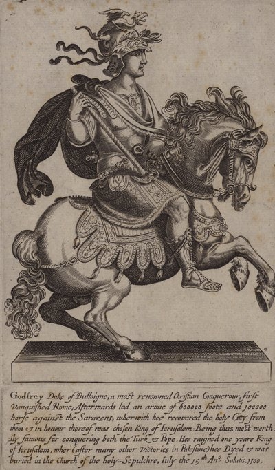 Godfrey of Bouillon, fransk riddare, korsfarare och kung av Jerusalem (gravyr) av (after) English School