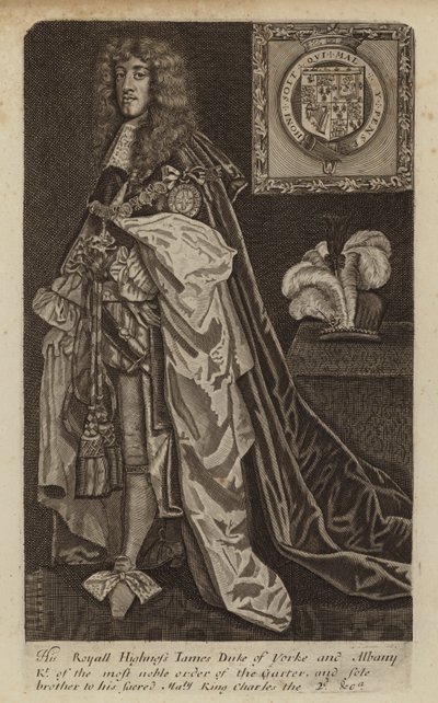 James II och VII, kung av England, Skottland och Irland, när hertigen av York (gravyr) av (after) English School